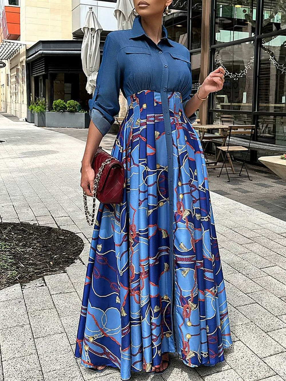 Fall Winter Plus Size Fashion Casual Denim Patchwork Printed Long Flared Dress